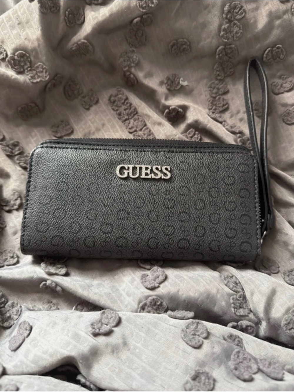 Guess Black Logo Zip-Around Wristlet Wallet with Monogram